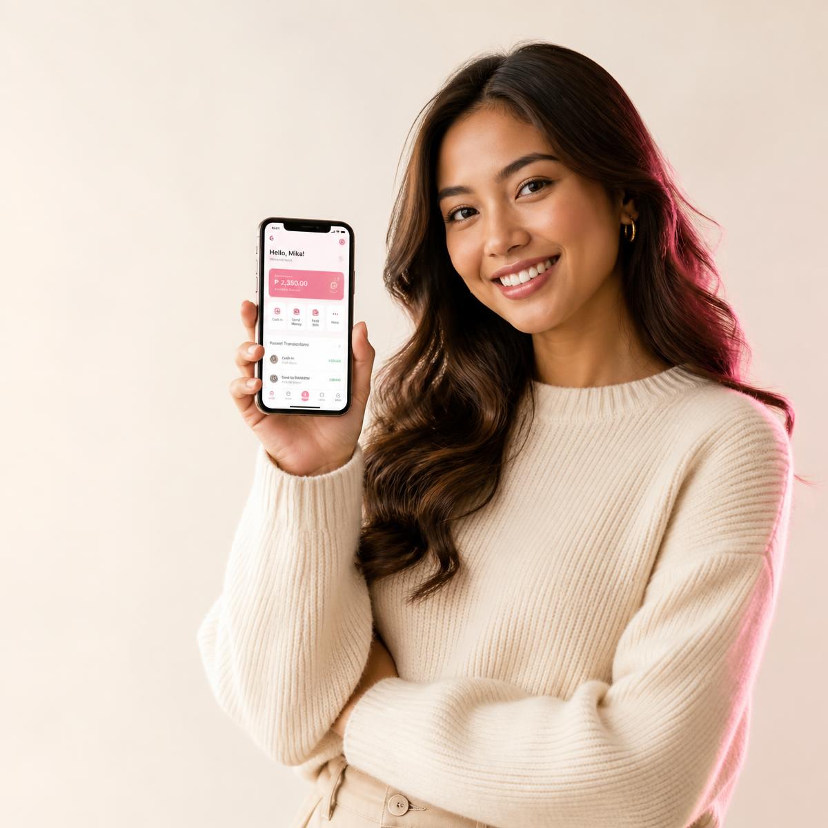 Filipina beginner holding a phone showing her AI-powered income setup